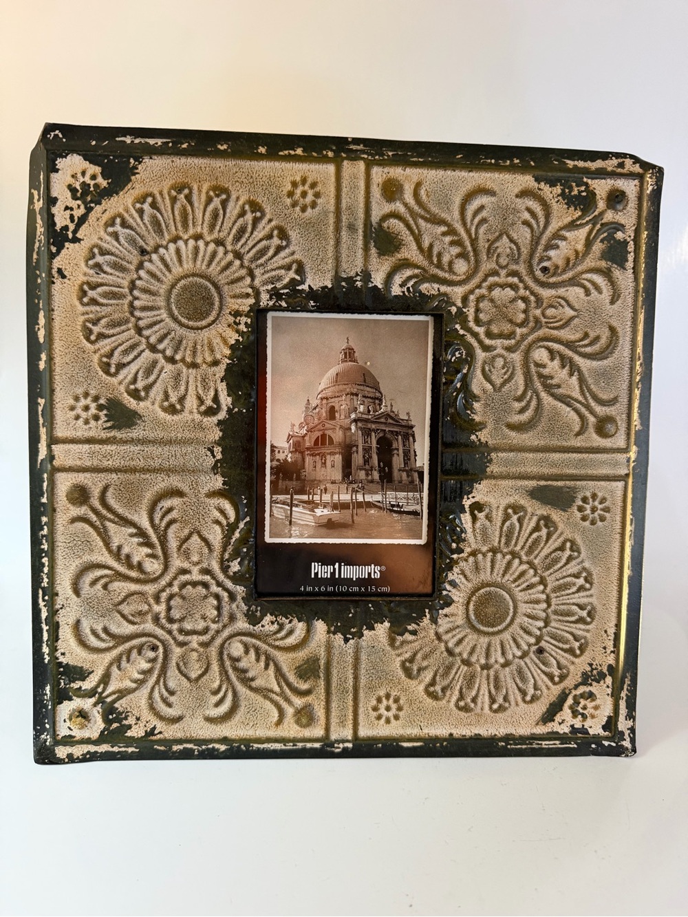 Vintage Pier 1 Imports Distressed Tin Ceiling Tile Picture Frame 4x6